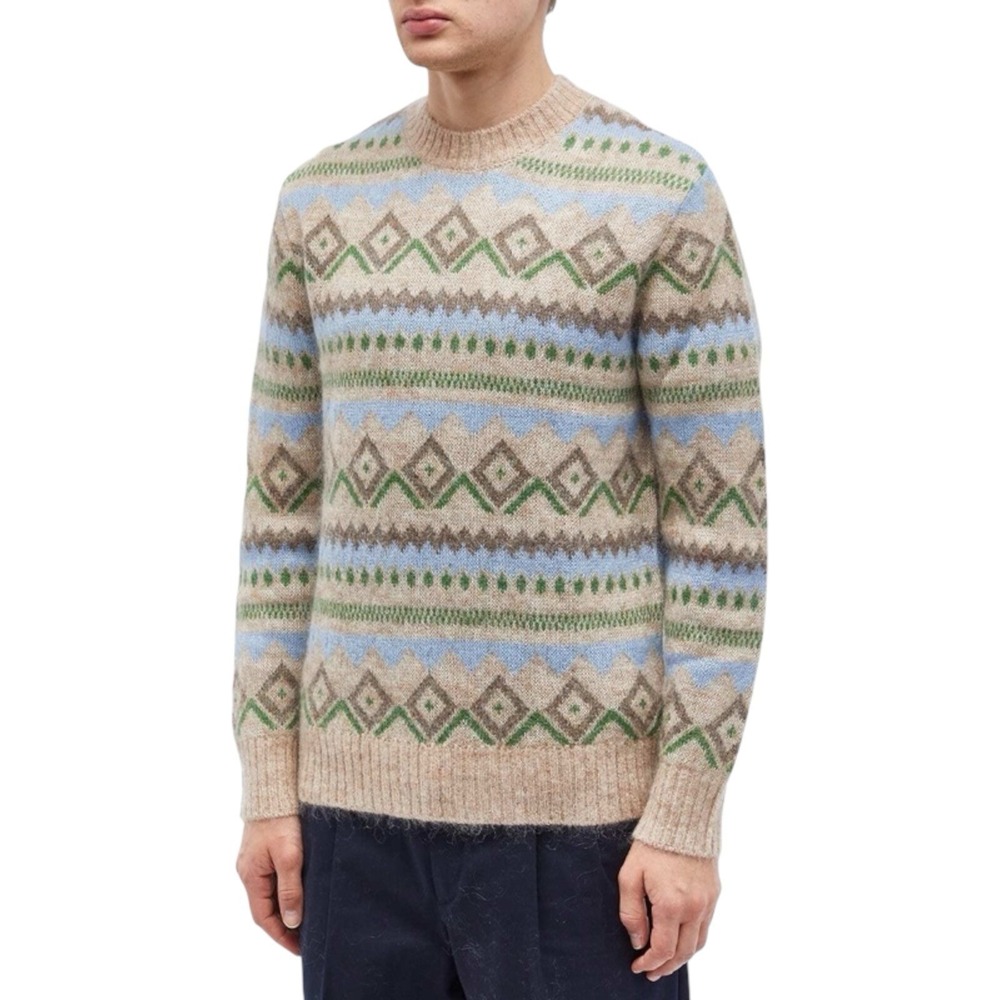 New NN07 Men's Morgain Fair Isle Mohair Crew Knit Apres Ski Natural / Sky L $248